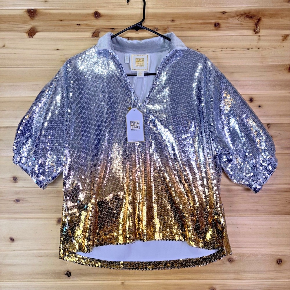 NEW Emily McCarthy Blouse Womens XS Silver and Gold Poppy Top in Ombre Sequins